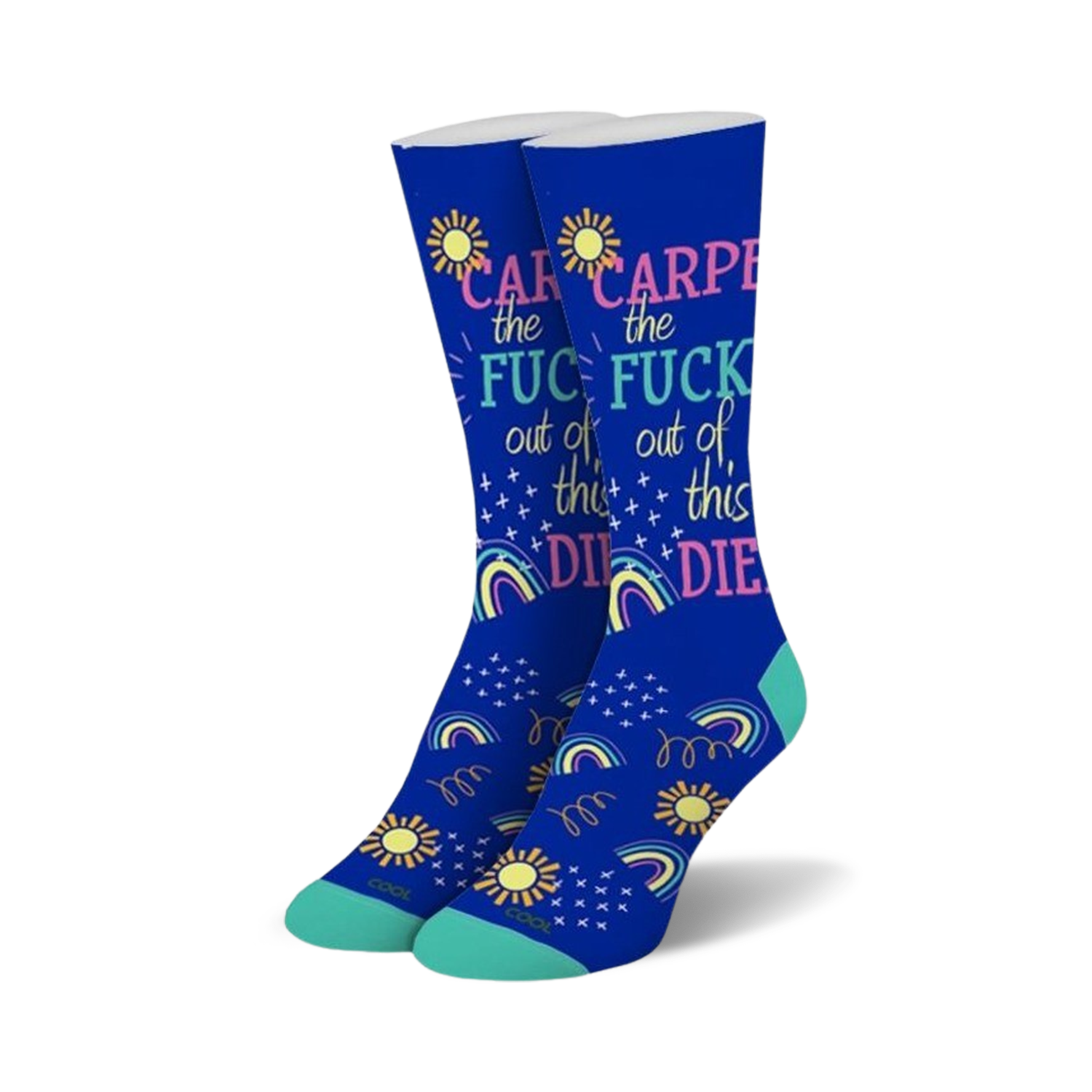 Pair of crew socks in blue featuring a 'Carpe the Fuck out of this Diem' slogan, rainbows, suns, and stars.