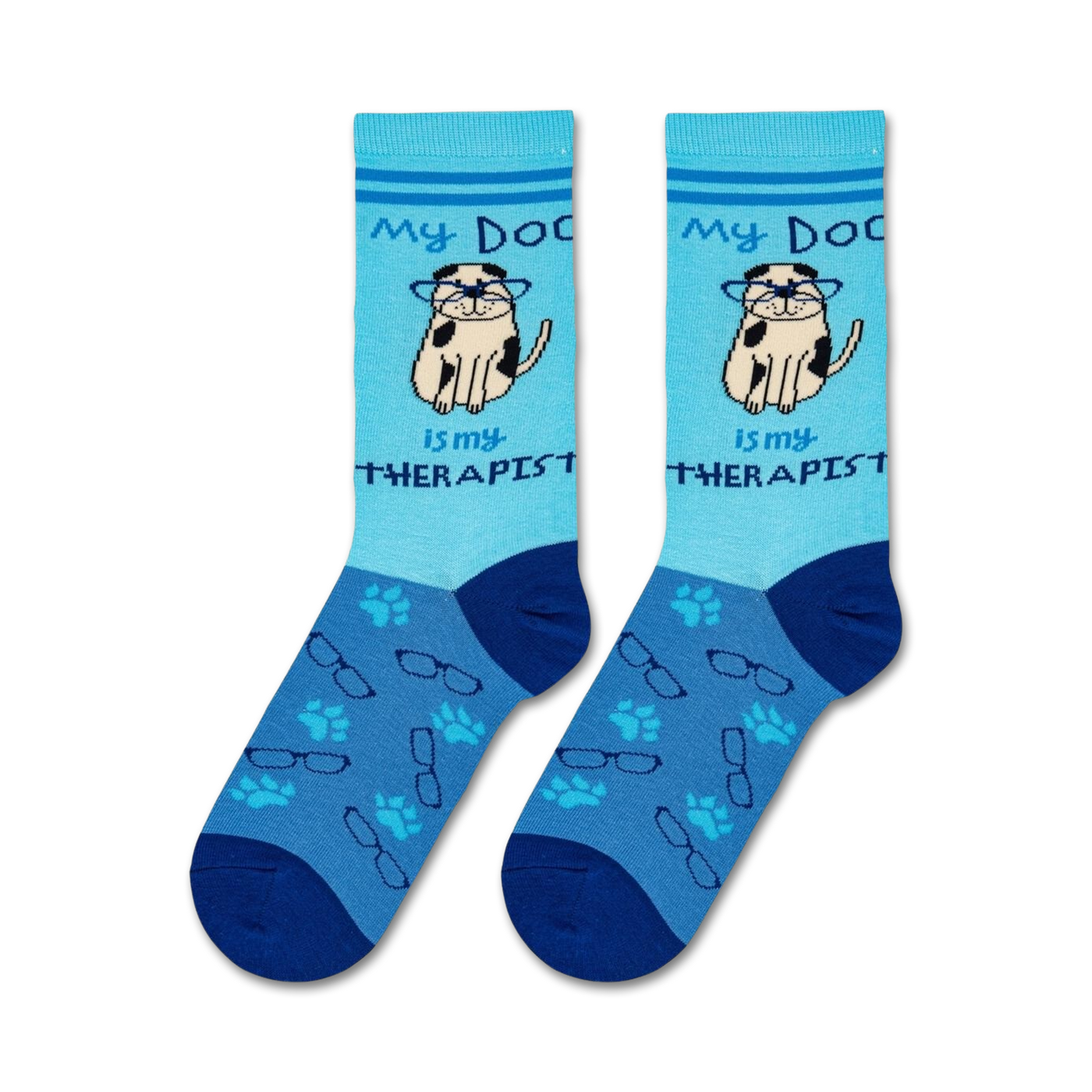 Flat lay photo showing two Dog Therapist socks.