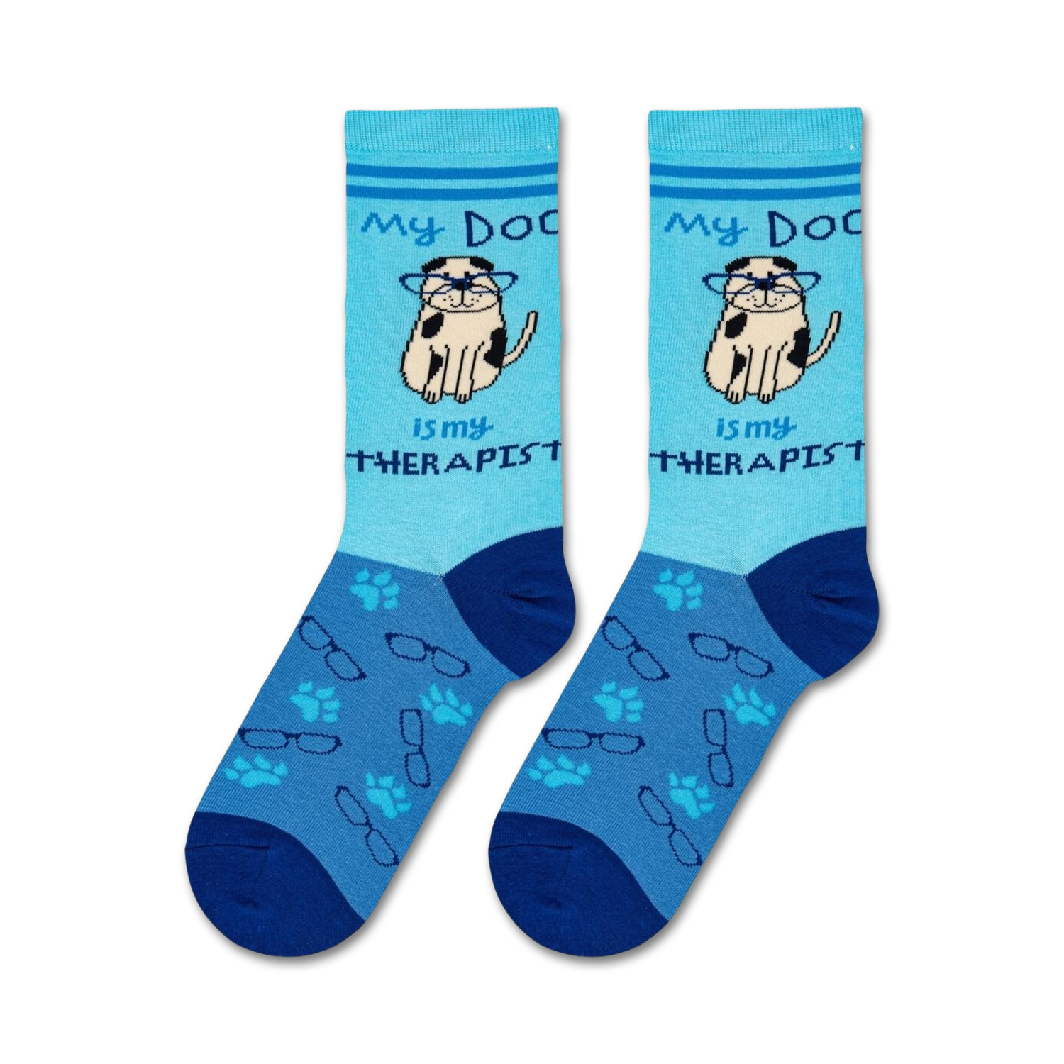 Flat lay photo showing two Dog Therapist socks.