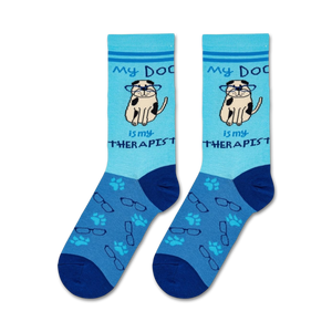 A blue sock with a cartoon dog wearing glasses on it. The dog is sitting and has a paw raised. The words 