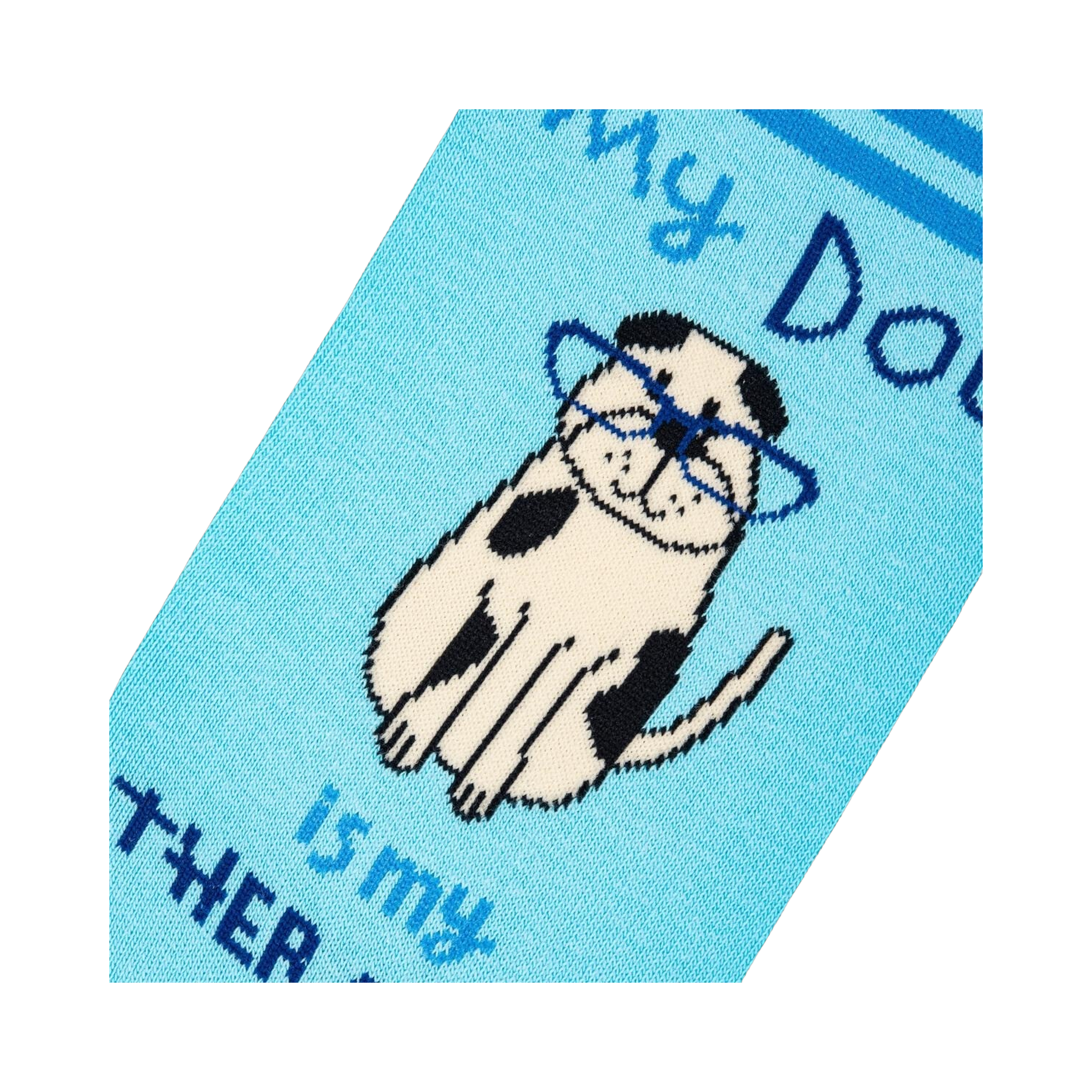 Close-up detail shot of the dog therapist design on the socks.