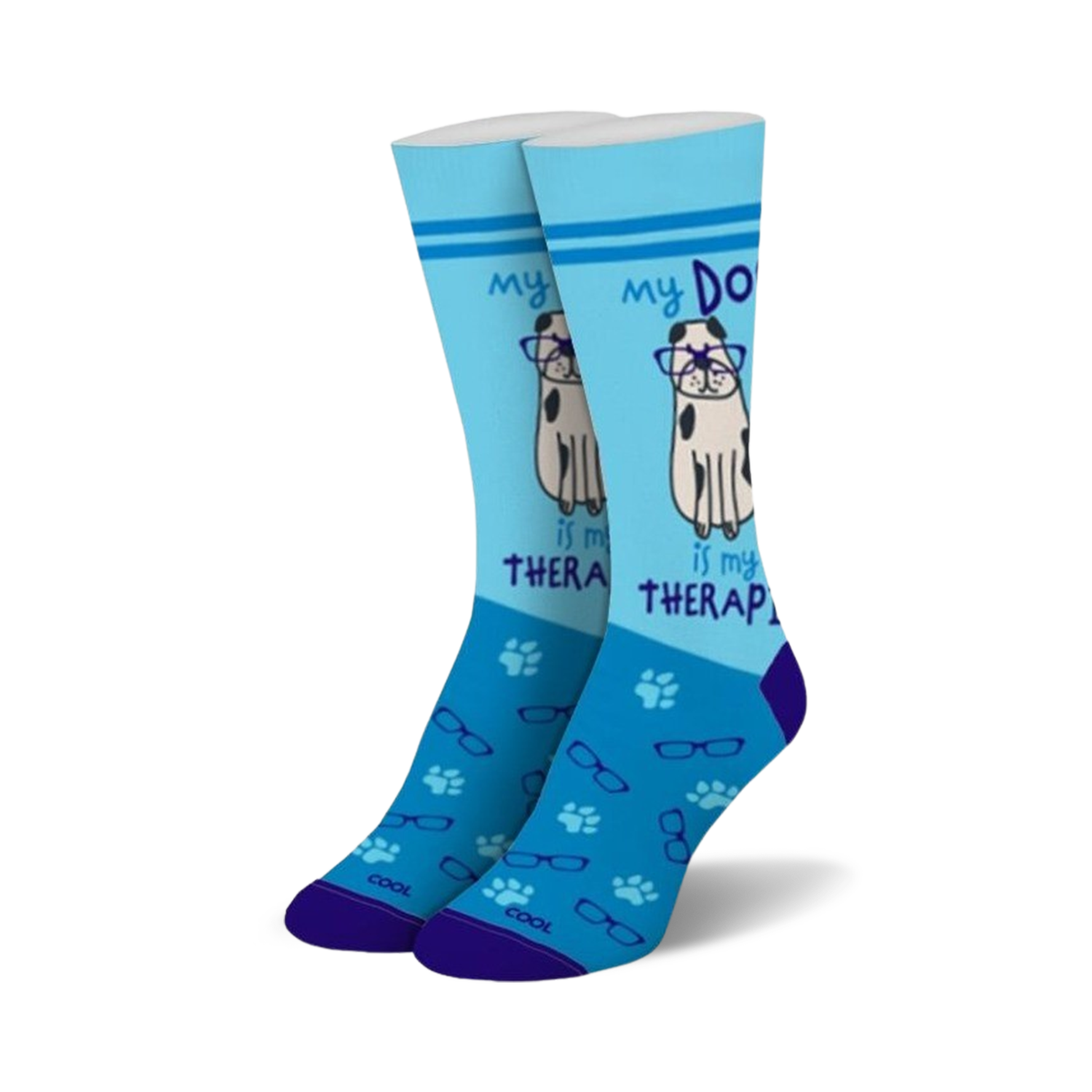 Pair of light blue crew socks with a cute dog wearing glasses graphic and the text 'My Dog Is My Therapist'.  Features paw prints and glasses icons.