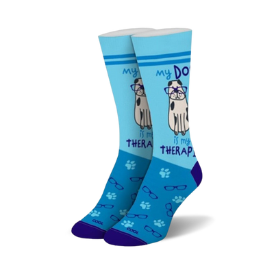  paw-some blue crew socks with eyeglasses, paw prints and the words 'my dog is my therapist'  