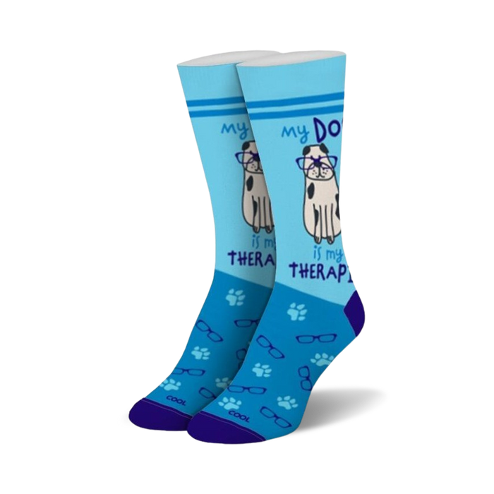  paw-some blue crew socks with eyeglasses, paw prints and the words 'my dog is my therapist'  