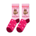 Flatlay product shot of two 'Cat Therapist' socks on a white background.