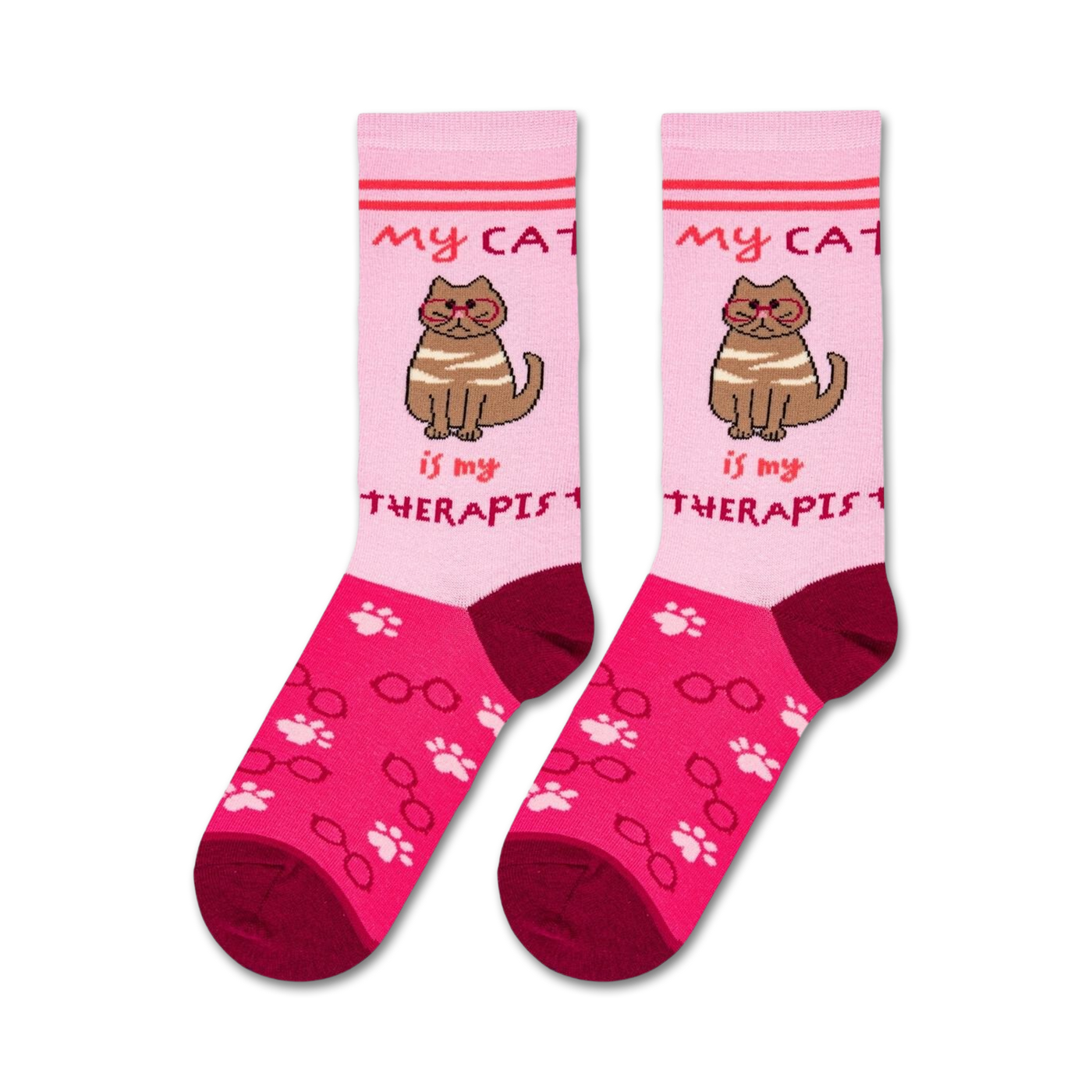 Flatlay product shot of two 'Cat Therapist' socks on a white background.