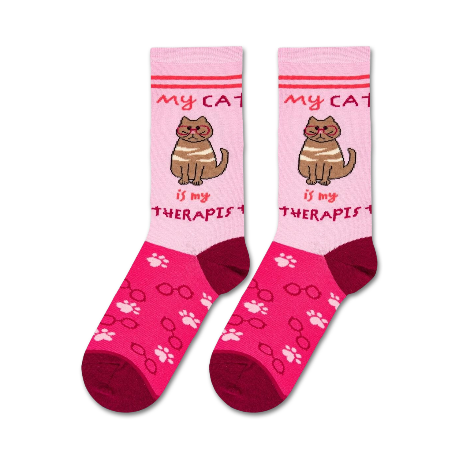 Flatlay product shot of two 'Cat Therapist' socks on a white background.