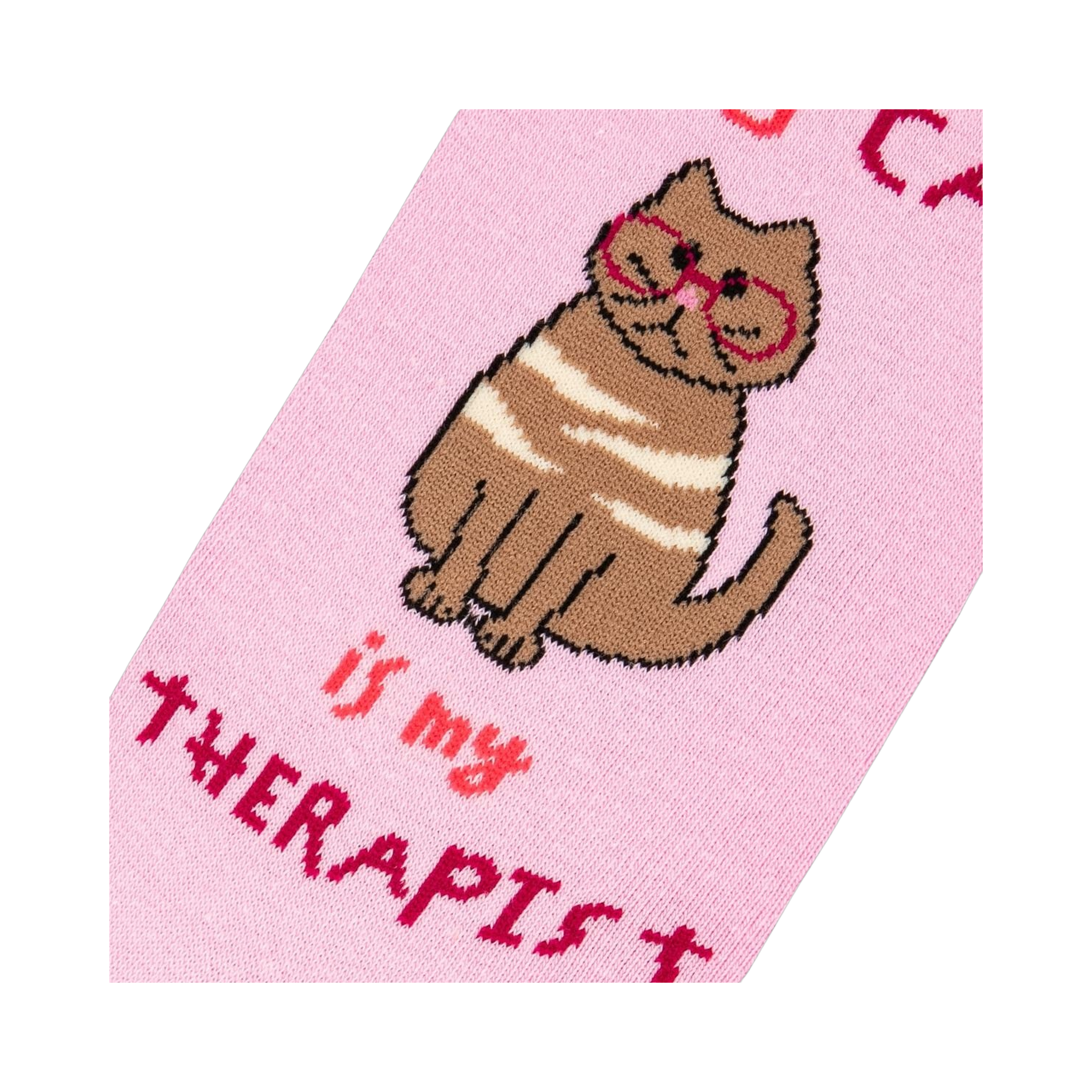Close-up detail shot of the cat illustration and text on the sock.