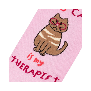 Close-up detail shot of the cat illustration and text on the sock.