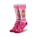 Crew socks in pink and maroon featuring a brown cat wearing glasses, paw prints, and the text 'My cat is my therapist'.