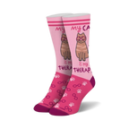 Crew socks in pink and maroon featuring a brown cat wearing glasses, paw prints, and the text 'My cat is my therapist'.