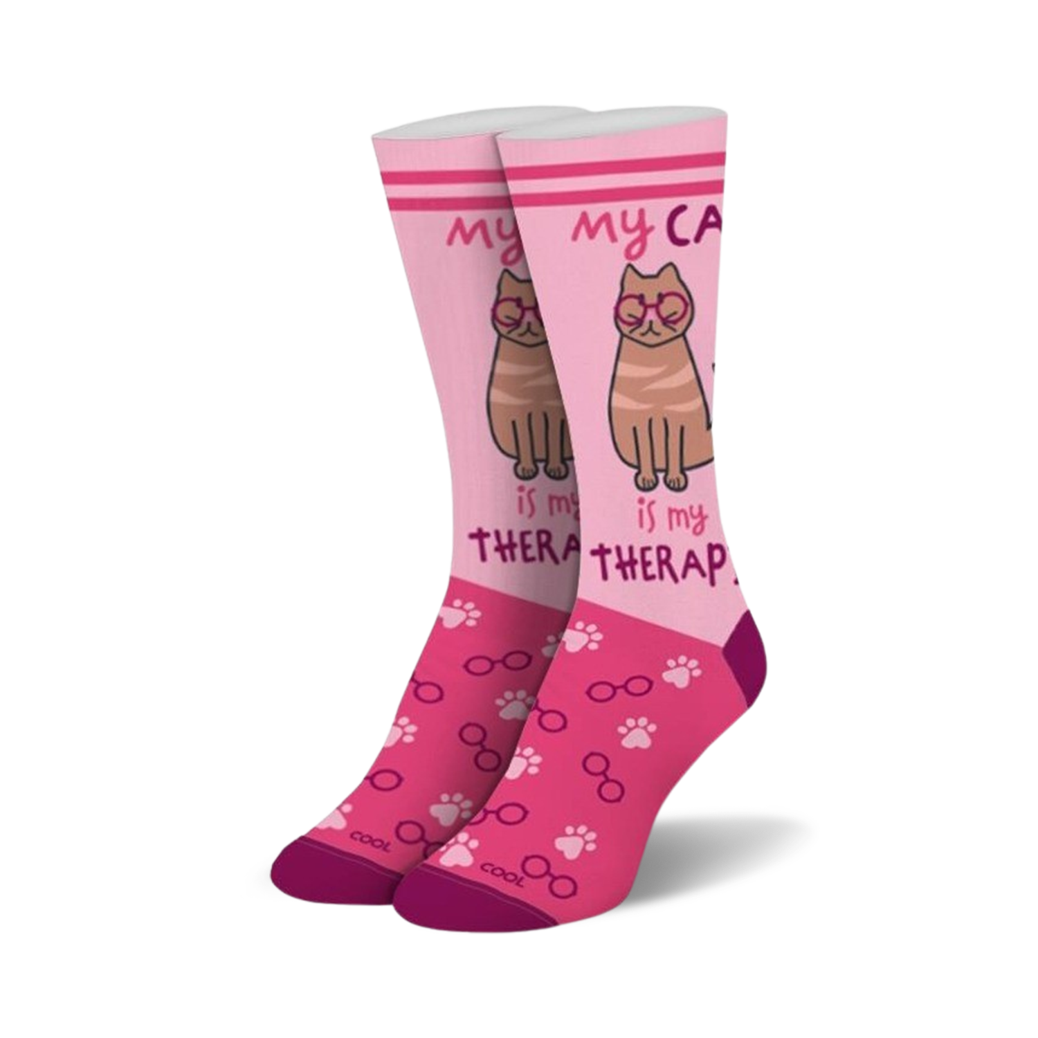 Crew socks in pink and maroon featuring a brown cat wearing glasses, paw prints, and the text 'My cat is my therapist'.