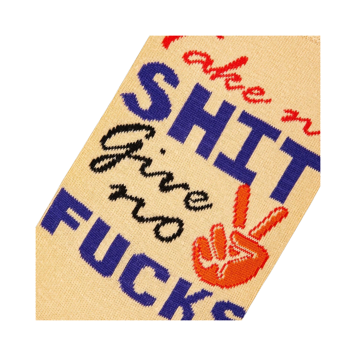 Close-up of the 'Take No Shit, Give No Fucks' text and peace sign detail on the sock.