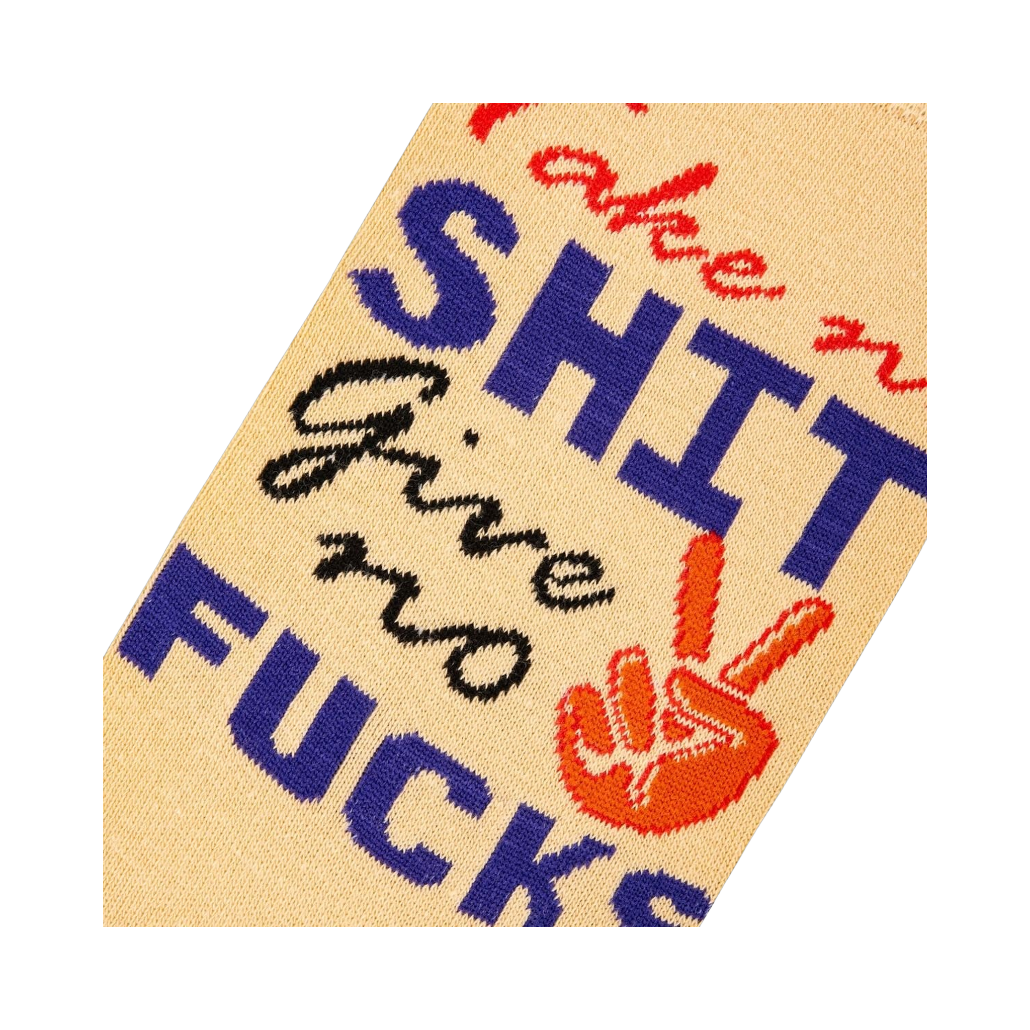 Close-up of the 'Take No Shit, Give No Fucks' text and peace sign detail on the sock.