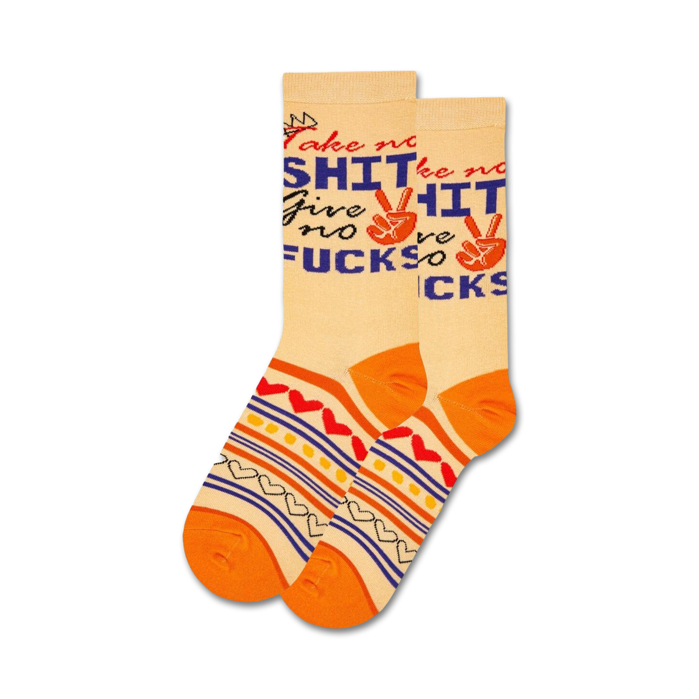 Pair of cream crew socks with orange and blue accents.  Text reads 'Take No Shit, Give No Fucks' with a peace sign graphic.