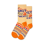 Pair of cream crew socks with orange and blue accents.  Text reads 'Take No Shit, Give No Fucks' with a peace sign graphic.