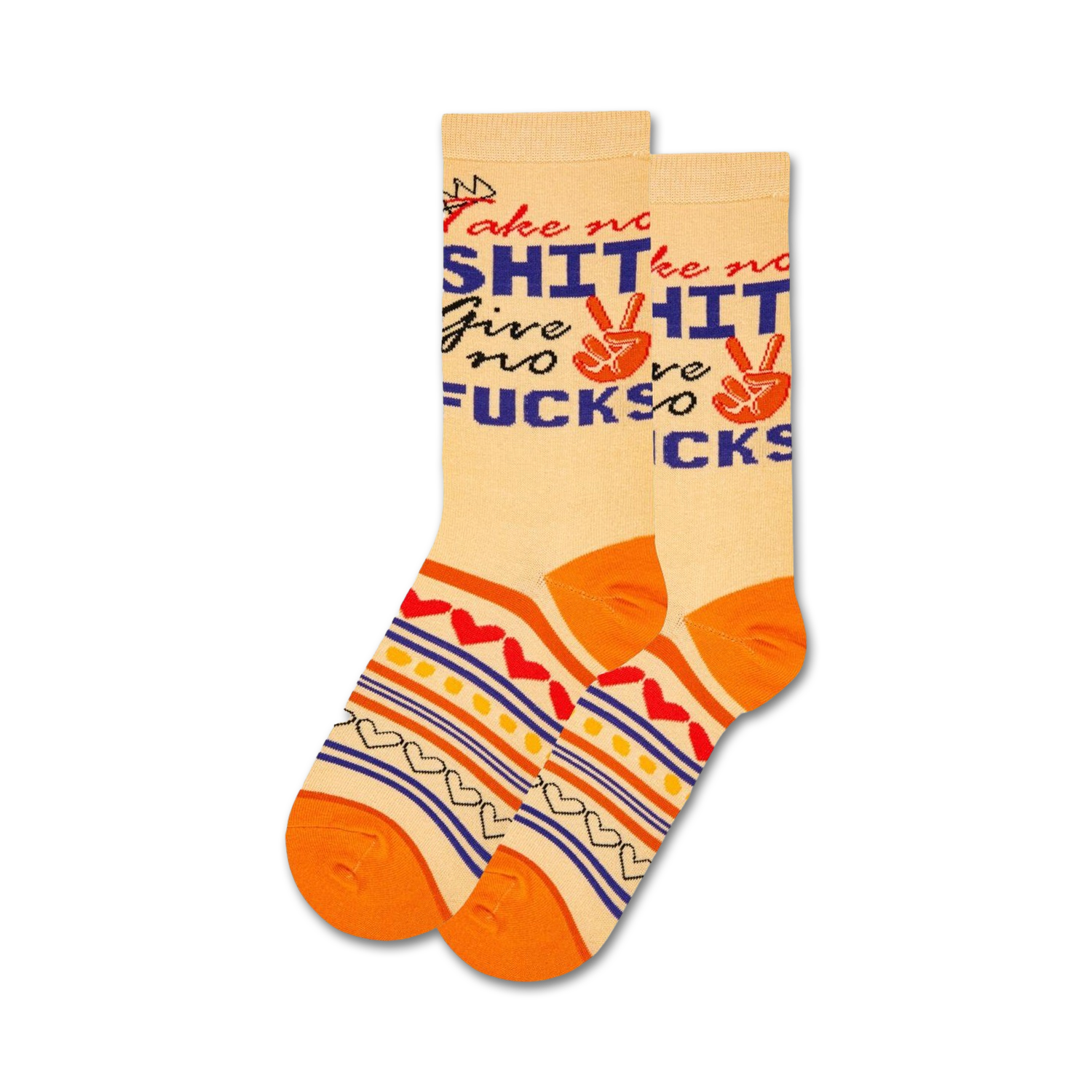 Pair of cream crew socks with orange and blue accents.  Text reads 'Take No Shit, Give No Fucks' with a peace sign graphic.