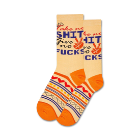 yellow crew socks with colorful hearts, peace signs, and "take no shit, give no fucks" message.   