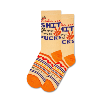 yellow crew socks with colorful hearts, peace signs, and "take no shit, give no fucks" message.   