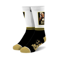 A pair of crew socks in black, white, and gold.  They feature an image of Marlon Brando and The Godfather logo.