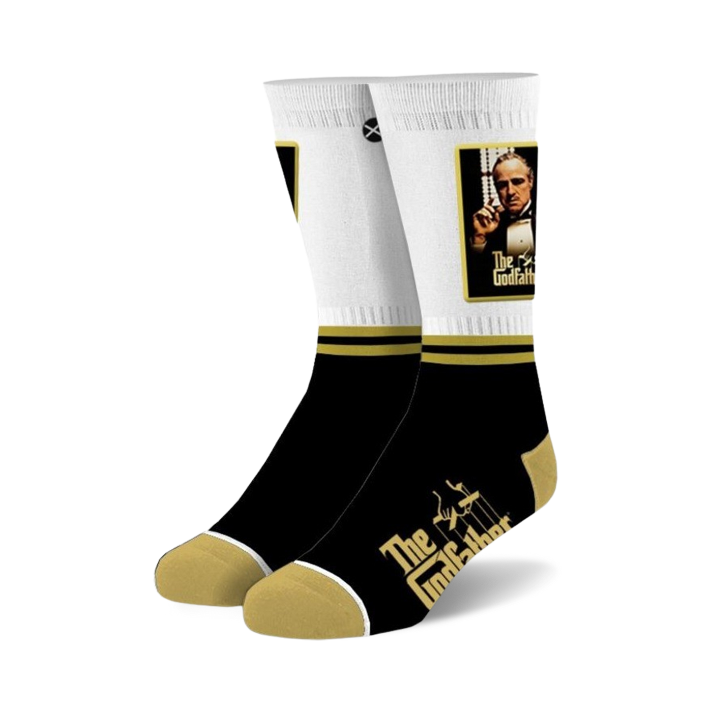 A pair of crew socks in black, white, and gold.  They feature an image of Marlon Brando and The Godfather logo.