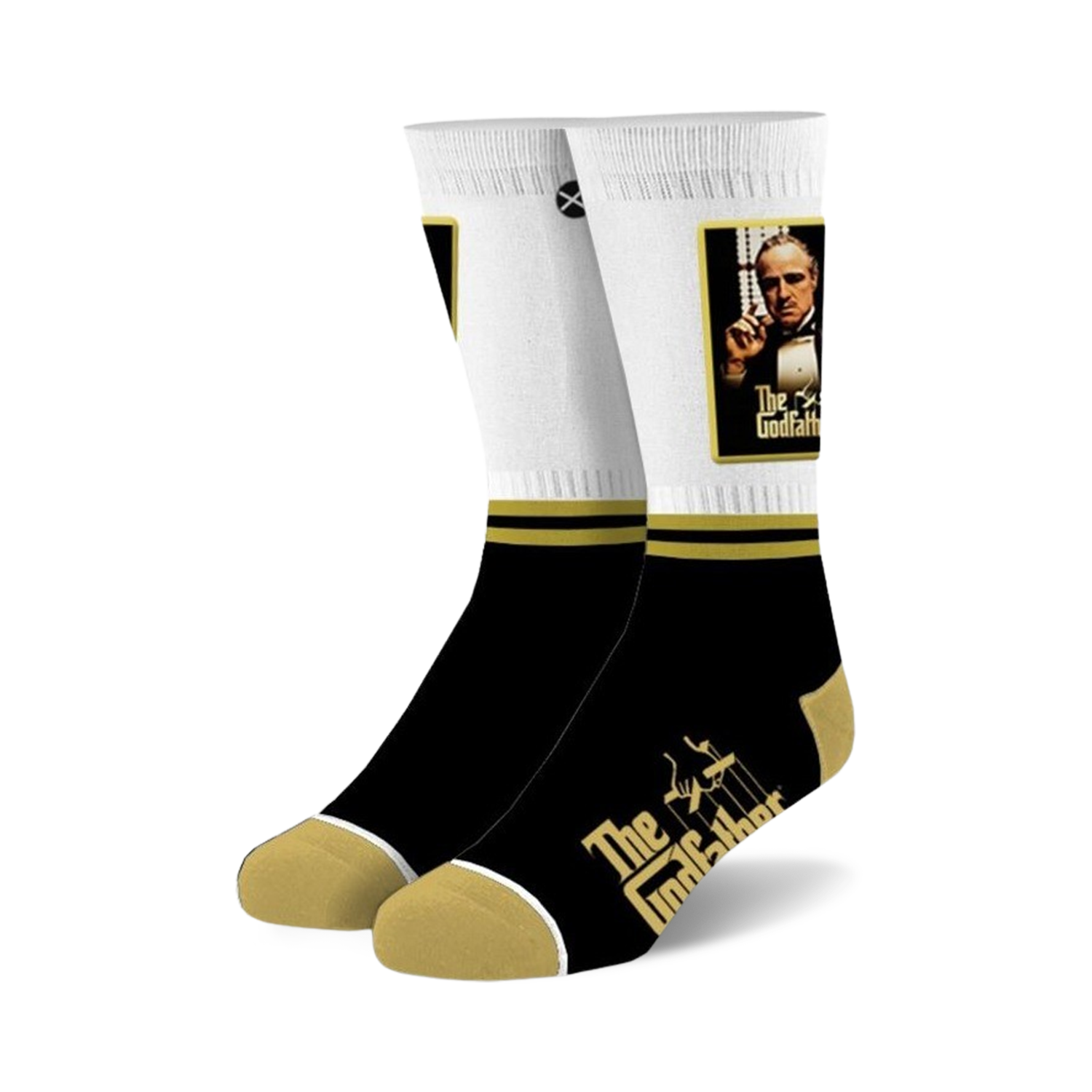 A pair of crew socks in black, white, and gold.  They feature an image of Marlon Brando and The Godfather logo.