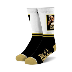 the godfather patch: white, black, gold crew socks with marlon brando as vito corleone portrait and "the godfather" patch.   