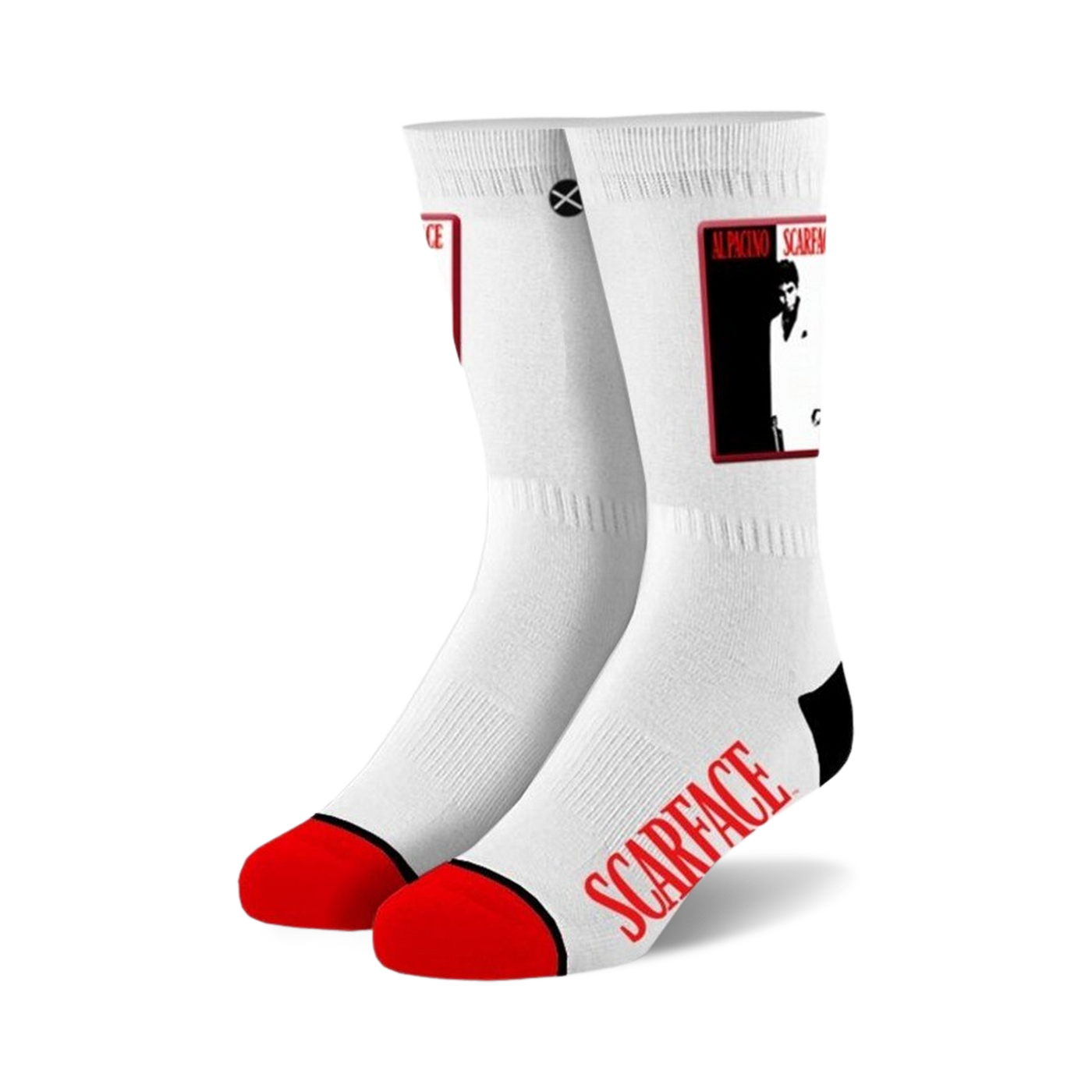 White crew socks with red and black accents.  Features an image of Al Pacino as Scarface and the movie title.