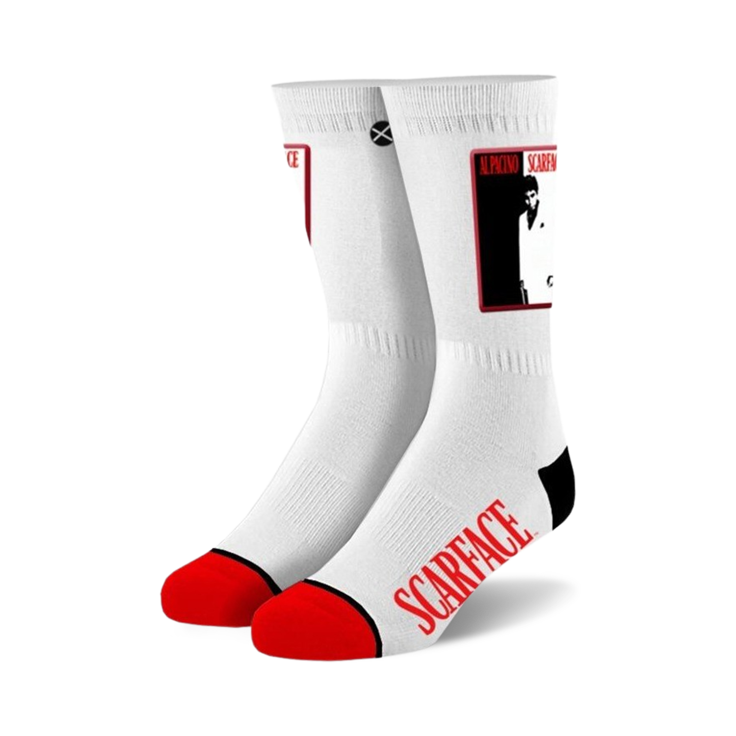 White crew socks with red and black accents.  Features an image of Al Pacino as Scarface and the movie title.