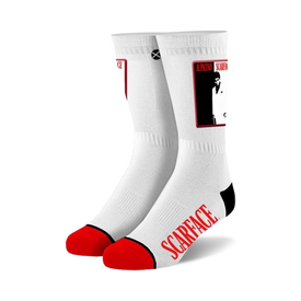 tony montana from scarface shines on these white socks with red toe and black heels.  