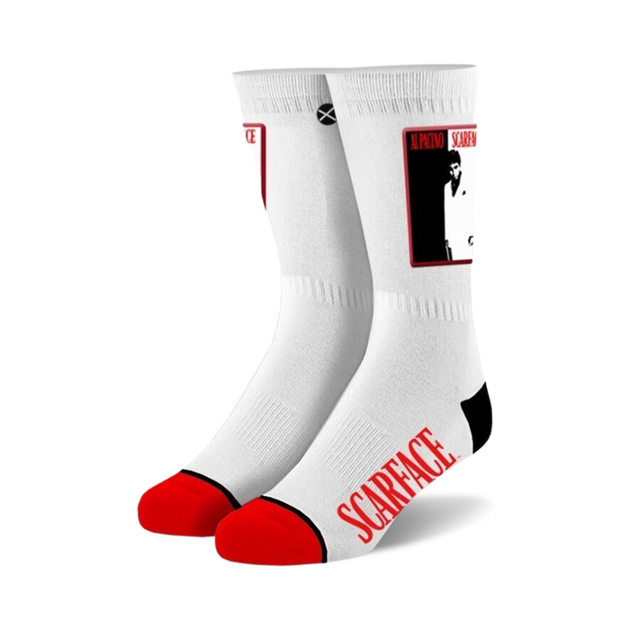 tony montana from scarface shines on these white socks with red toe and black heels.   }}