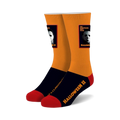 Pair of Halloween II crew socks. Orange and black with red accents, featuring Michael Myers' image and movie title.