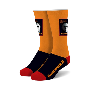 orange and black crew socks feature michael myers from halloween ii. unisex sizes.  