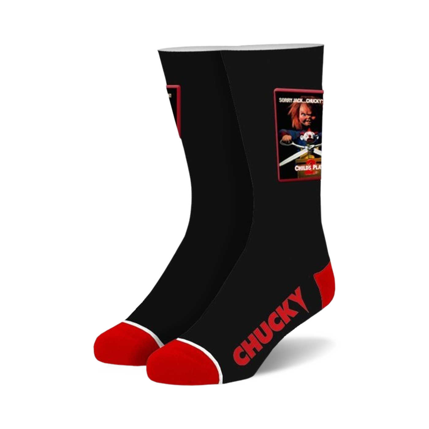 Pair of black crew socks with red accents.  Features a Child's Play movie image and 'CHUCKY' text.