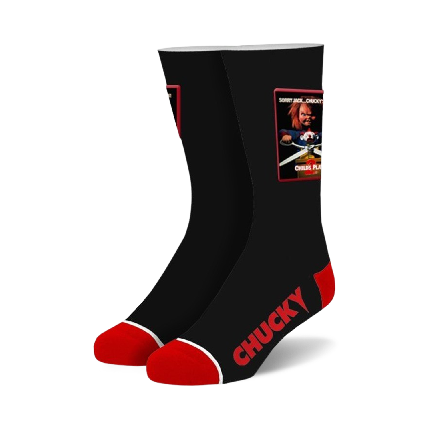 Pair of black crew socks with red accents.  Features a Child's Play movie image and 'CHUCKY' text.