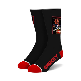 black crew socks with large chucky patch on front, perfect for horror fans.  