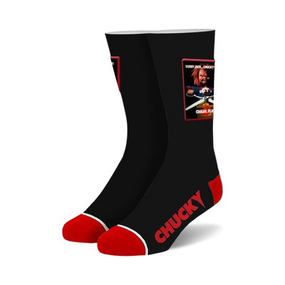 black crew socks with large chucky patch on front, perfect for horror fans.  