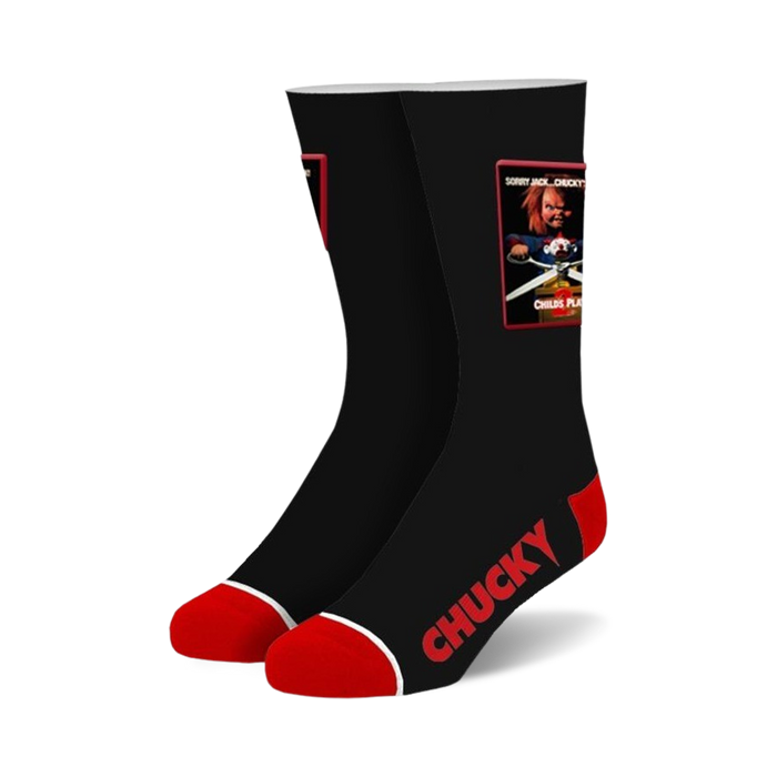 black crew socks with large chucky patch on front, perfect for horror fans.   }}