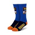 Pair of Back to the Future crew socks. Blue and orange, with an image of the DeLorean and movie title.