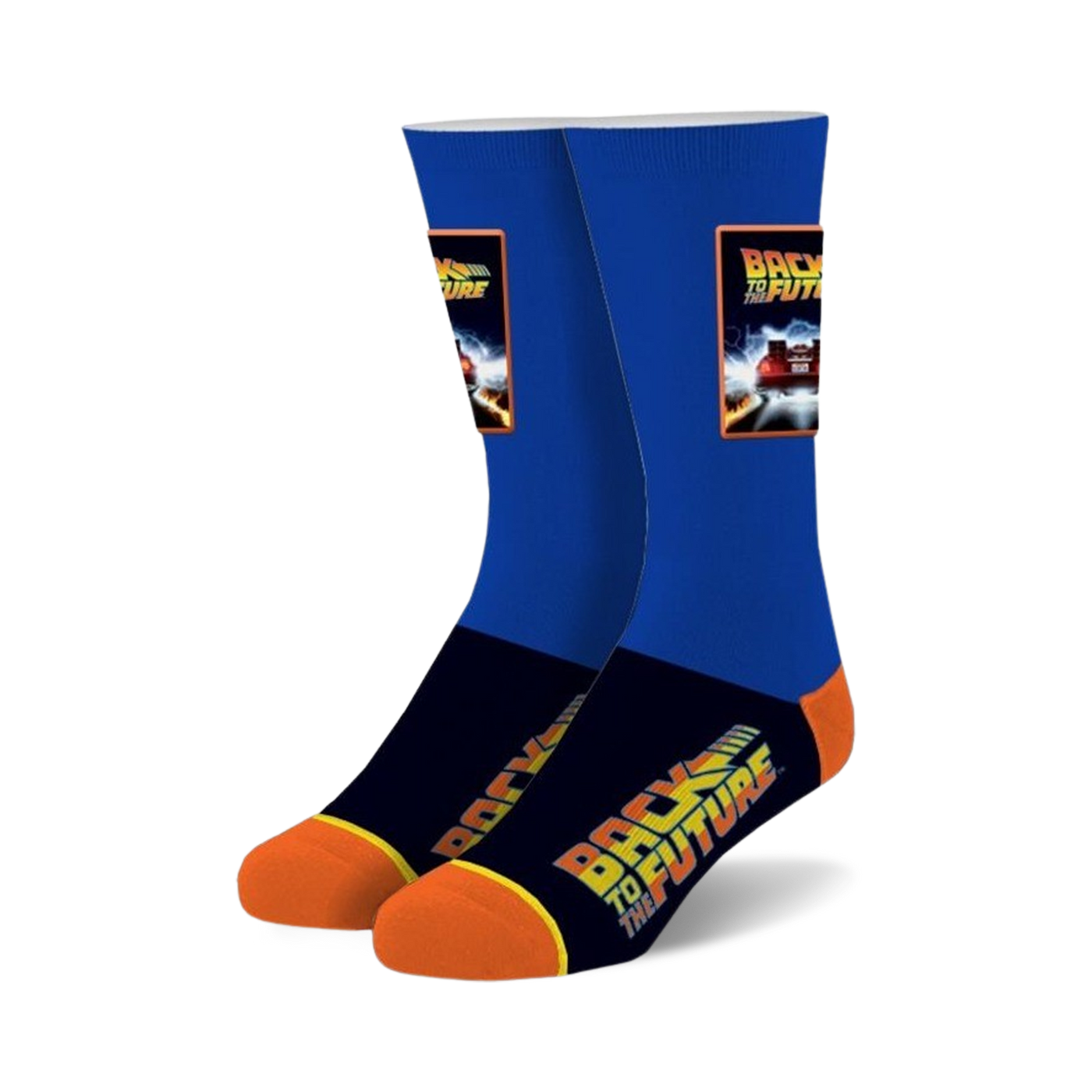 Pair of Back to the Future crew socks. Blue and orange, with an image of the DeLorean and movie title.