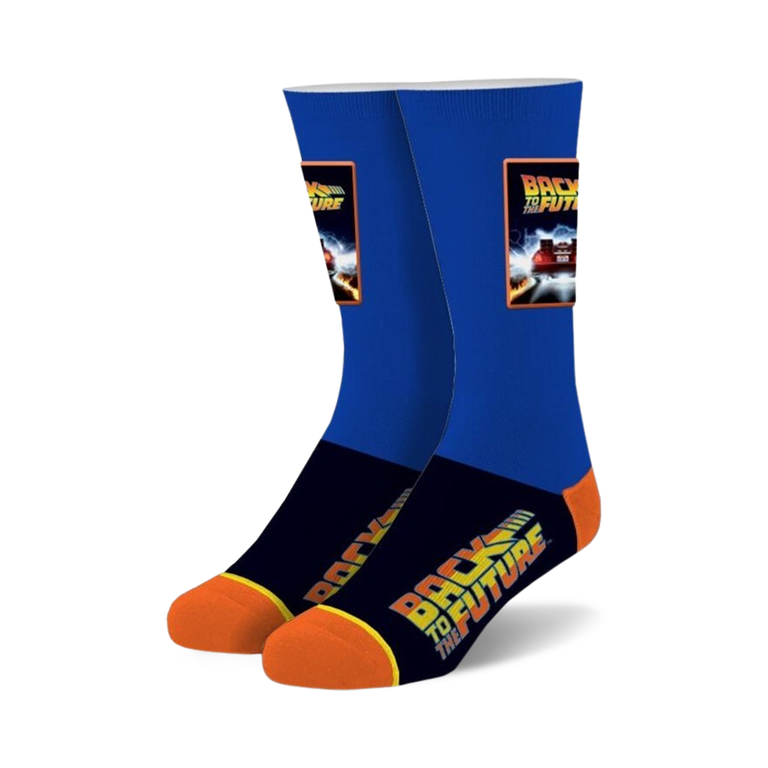 Pair of Back to the Future crew socks. Blue and orange, with an image of the DeLorean and movie title.