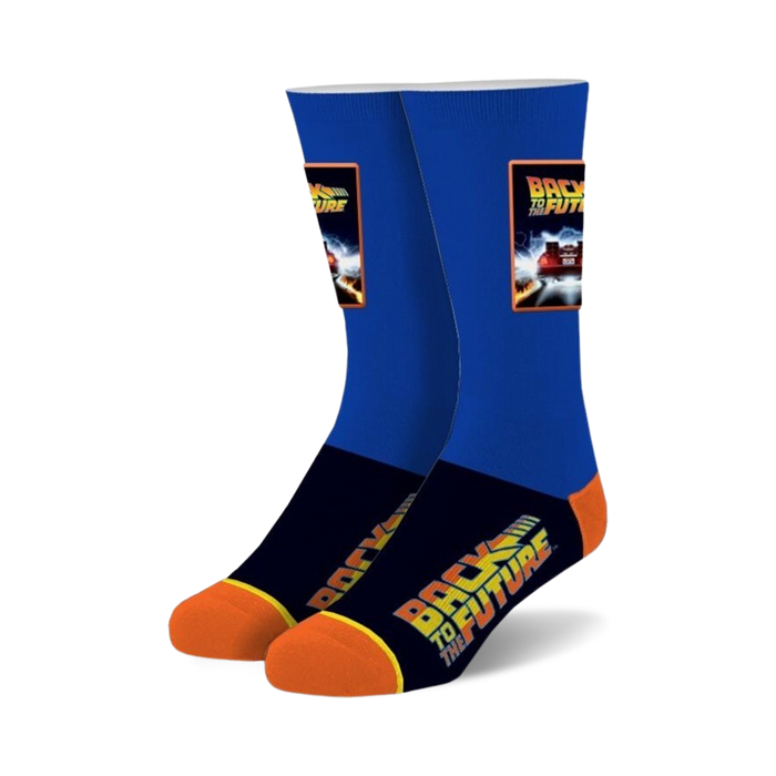 back to the future - patch - crew socks for men women, orange and blue   }}