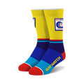 Crew socks in yellow, blue, red, and white.  Features the Baywatch lifeguard logo and text.