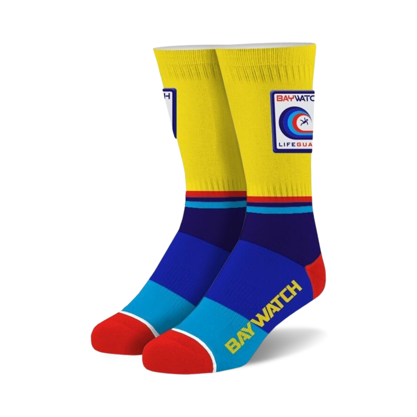 Crew socks in yellow, blue, red, and white.  Features the Baywatch lifeguard logo and text.