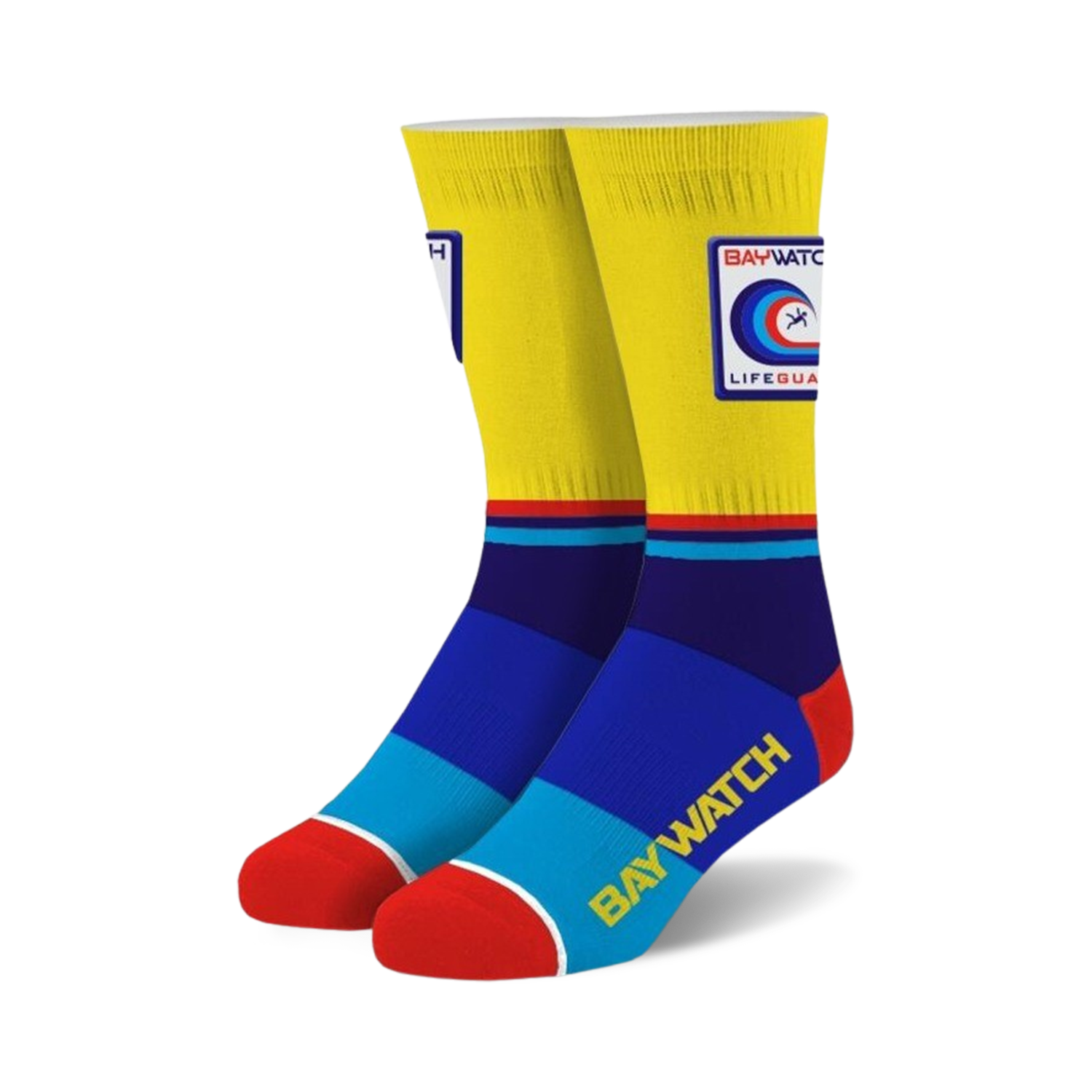 Crew socks in yellow, blue, red, and white.  Features the Baywatch lifeguard logo and text.