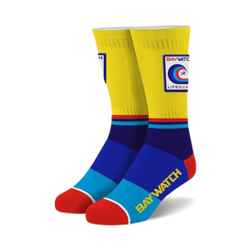 yellow baywatch patch socks with blue/red stripe, red toe, and crew length.  