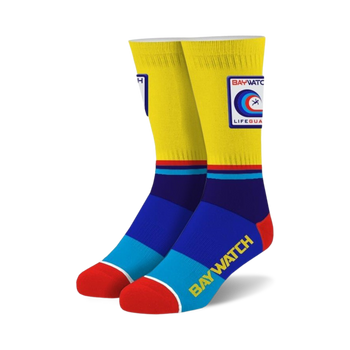 yellow baywatch patch socks with blue/red stripe, red toe, and crew length.  