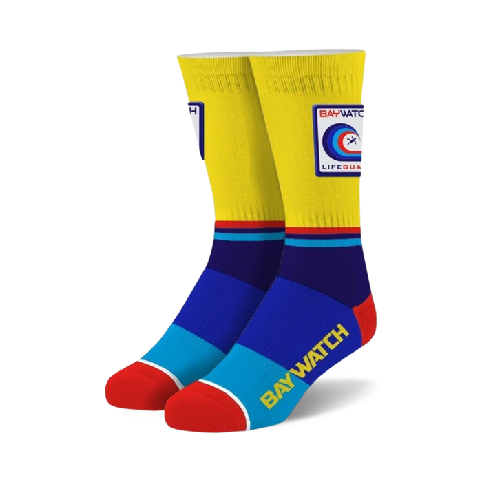 yellow baywatch patch socks with blue/red stripe, red toe, and crew length.   }}