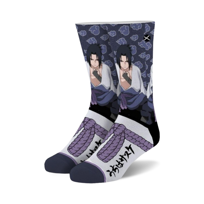 white sasuke uchiha cloud pattern mid-calf socks with blue toe and heel. naruto themed.    }}