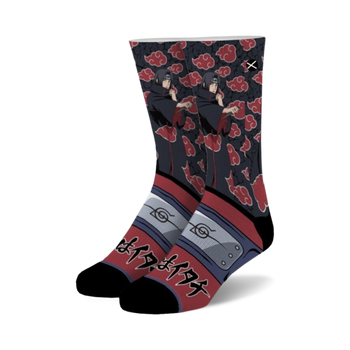 black and red crew socks with itachi uchiha character and cloud design. for men and women.  